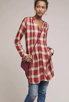 Anthropologie Akemi + Kin Lucie Red Plaid Tunic Blouse Button Front Longline MED