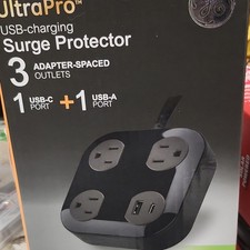 GE UltraPro USB-Charging Surge Protector Black 3 Adapter-Spaced Outlets USB Por