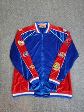 Vtg Veezo Wear NBA Patch Jacket L Blue Red Velour Track League Logos Rap Hip Hop