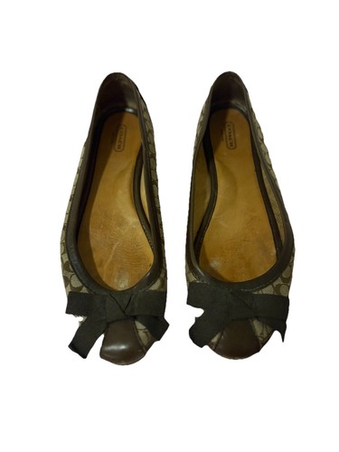 Vintage  Coach Brown Canvas Ballet Flats Bow Logo Comfort Slip On Women's Shoes