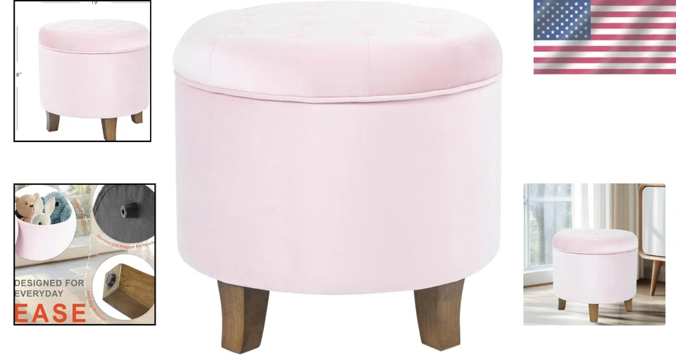 Compact Round Velvet Ottoman Foot Rest with Button Tufting - 1.3 Cu Ft Storage - Image 2 of 4