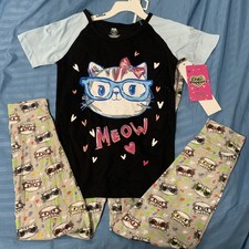 Girls' Cat Pajamas Size Medium 8/10 2pc Short Sleeve  Long Pants NEW with tags