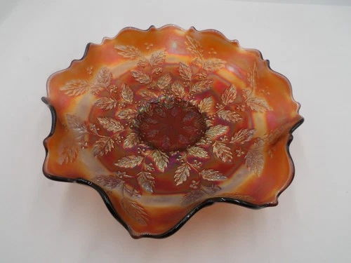 Vintage Fenton Carnival Glass Holly Leaf & Berry Ruffled Edge Bowl in Marigold