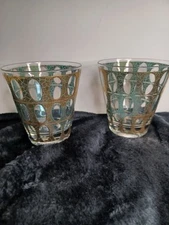 Vintage Culver Pisa Double Old Fashioned Glasses 22K Gold + Green Set of 2 MCM 