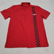 HUGO Hugo Boss Red Ebor Racing Stripe Short Sleeve Button Down Shirt Large