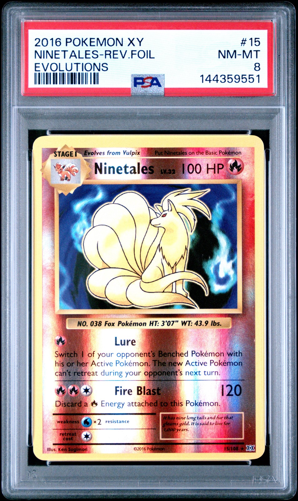 2016 POKEMON XY EVOLUTIONS #15 NINETALES-REVERSE FOIL PSA 8
