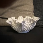Vintage Fenton Art Glass White Milk Glass Hobnail Ruffled Bowl 7.5 Inches Signed