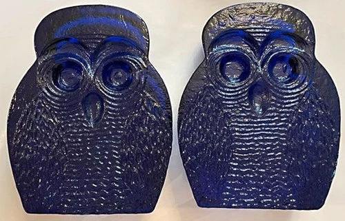2 Blenko Cobalt Blue Bird Owls Bookends MCM Textured Glass 7" Joel Myers HEAVY
