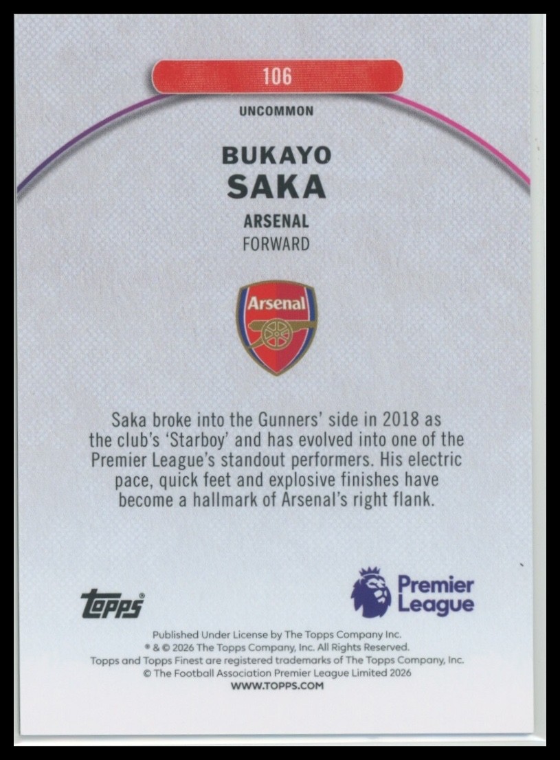Bukayo Saka 25/26 Topps Finest EPL  UNCOMMON Black Refractor /15 view 2