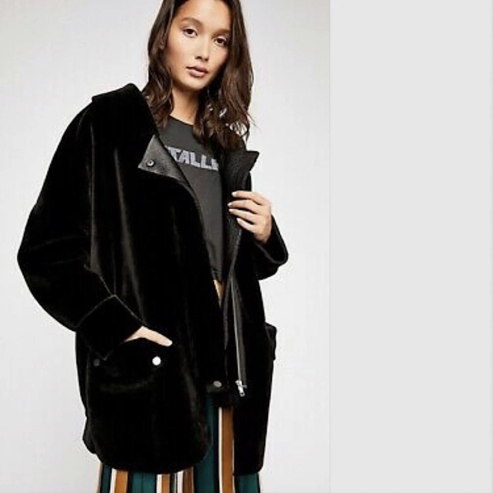 Free People Black Lindsay Faux Sherpa Leather Coat Jacket Small S NWT New