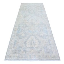 4'x9'9" Cloud Gray Wool Washed Out Peshawar Hand Knotted Wide Runner Rug R74983