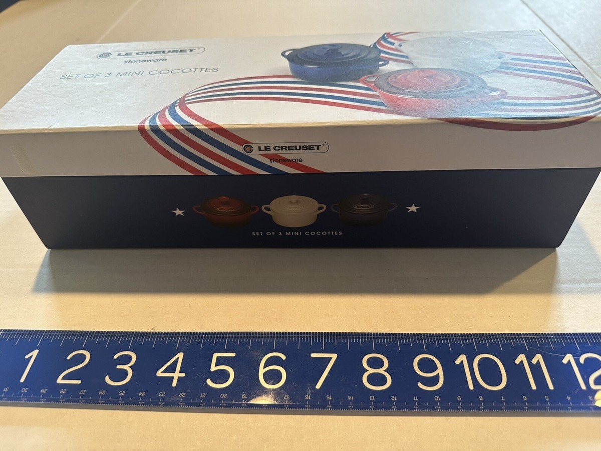 Le Creuset Set of 3 Mini Cocottes Ramekins Red White Blue