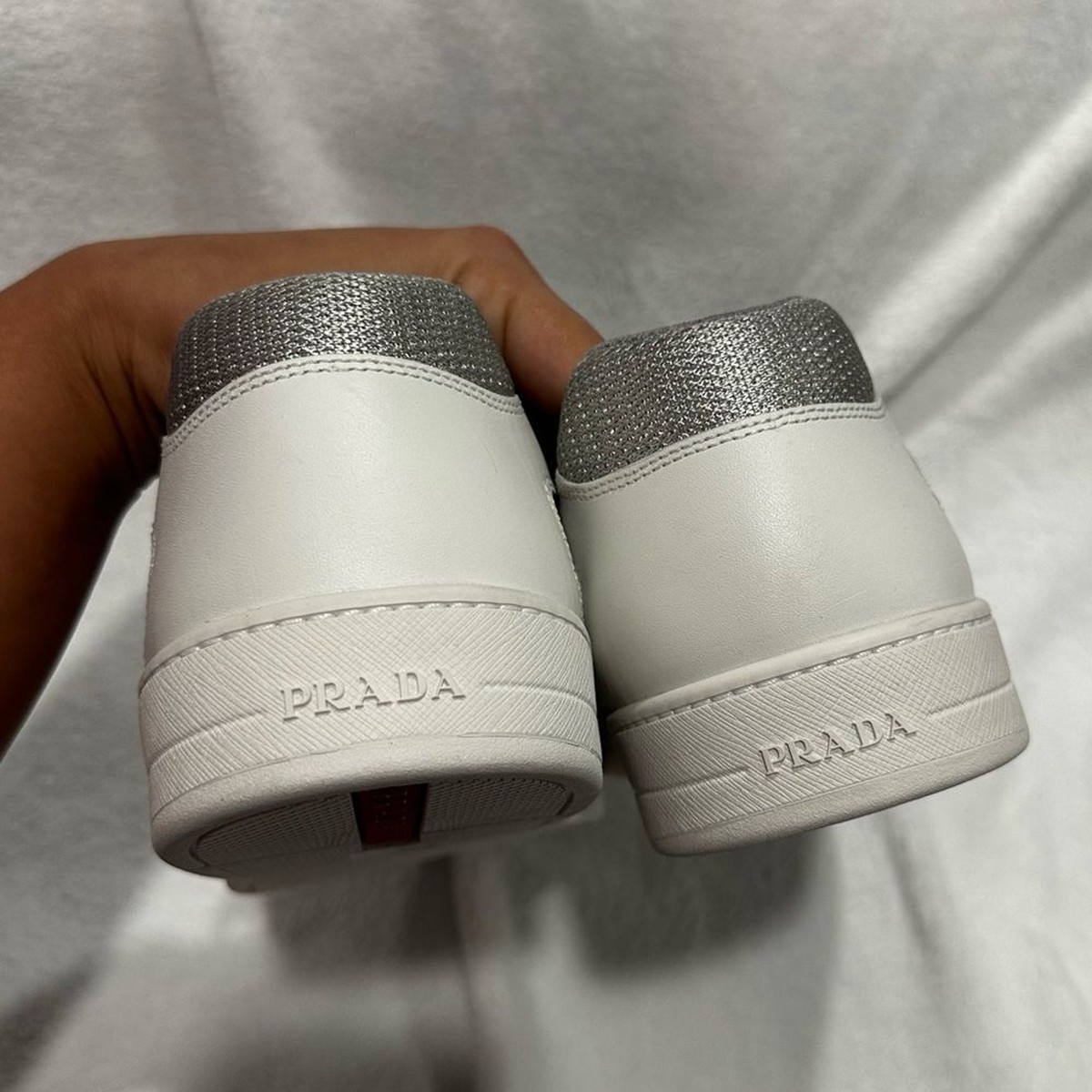 PRADA White and Silver Leather Americas Cup Sneaker Size 12 4E1366