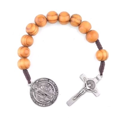 Catholic St Benedict Medal 1-Decade Tenner Pocket Rosary with wood beads 