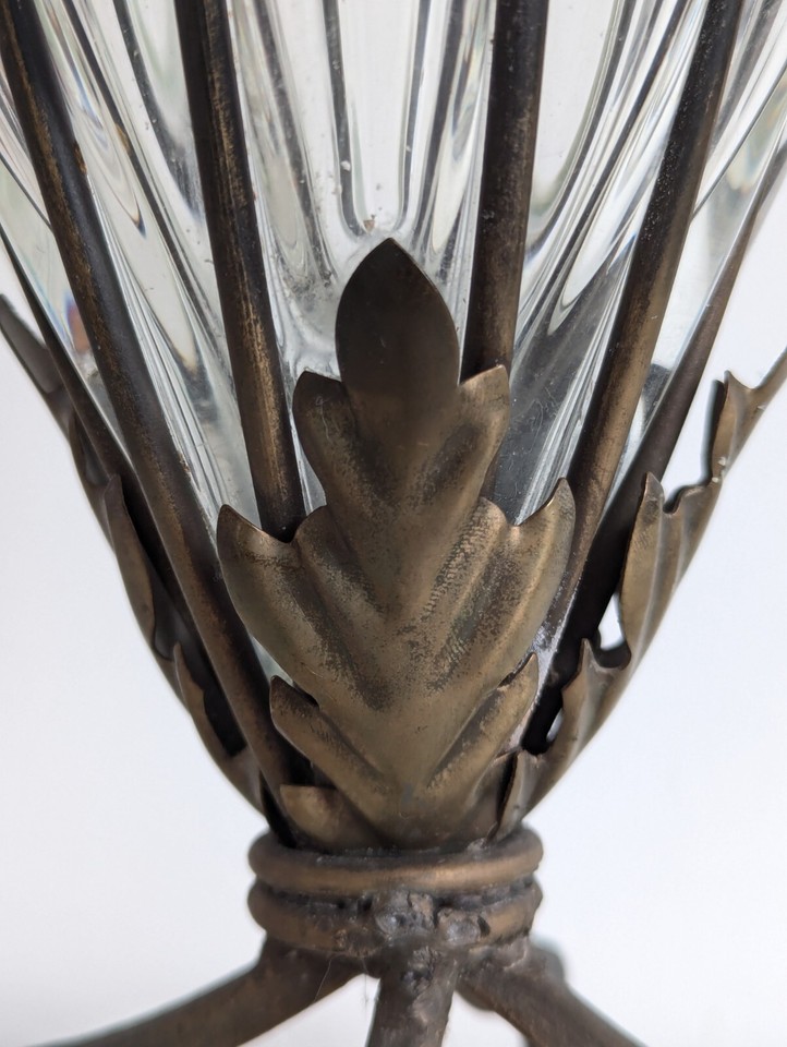 Wrought Iron & Caged Glass Vase, Black Metal, Large, Vintage, Mid