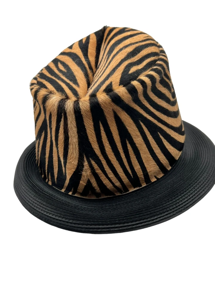 PATRICIA UNDERWOOD MARRÓN CEBRA RAYAS PONY PELO DE BECERRO SOMBRERO FEDORA ALA DE CUERO Foto 2 de 4