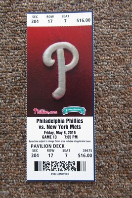 PHILADELPHIA PHILLIES VS NEW YORK METS 5/8/2015 FULL TICKET ~ RYAN HOWARD HR