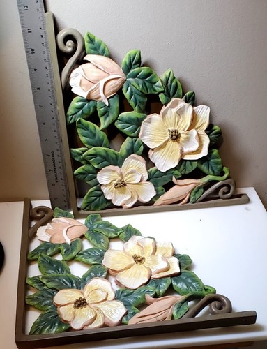 Set Of 2 Resin Floral Hibiscus Flower w/ Green Leaves 12"×12" Shelf Brackets