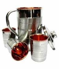 Kupfer Stahl Wasser 3 Glas und 1,5Ltr Kanne Premium Qualit&auml;t Stahl Kupfer Krug