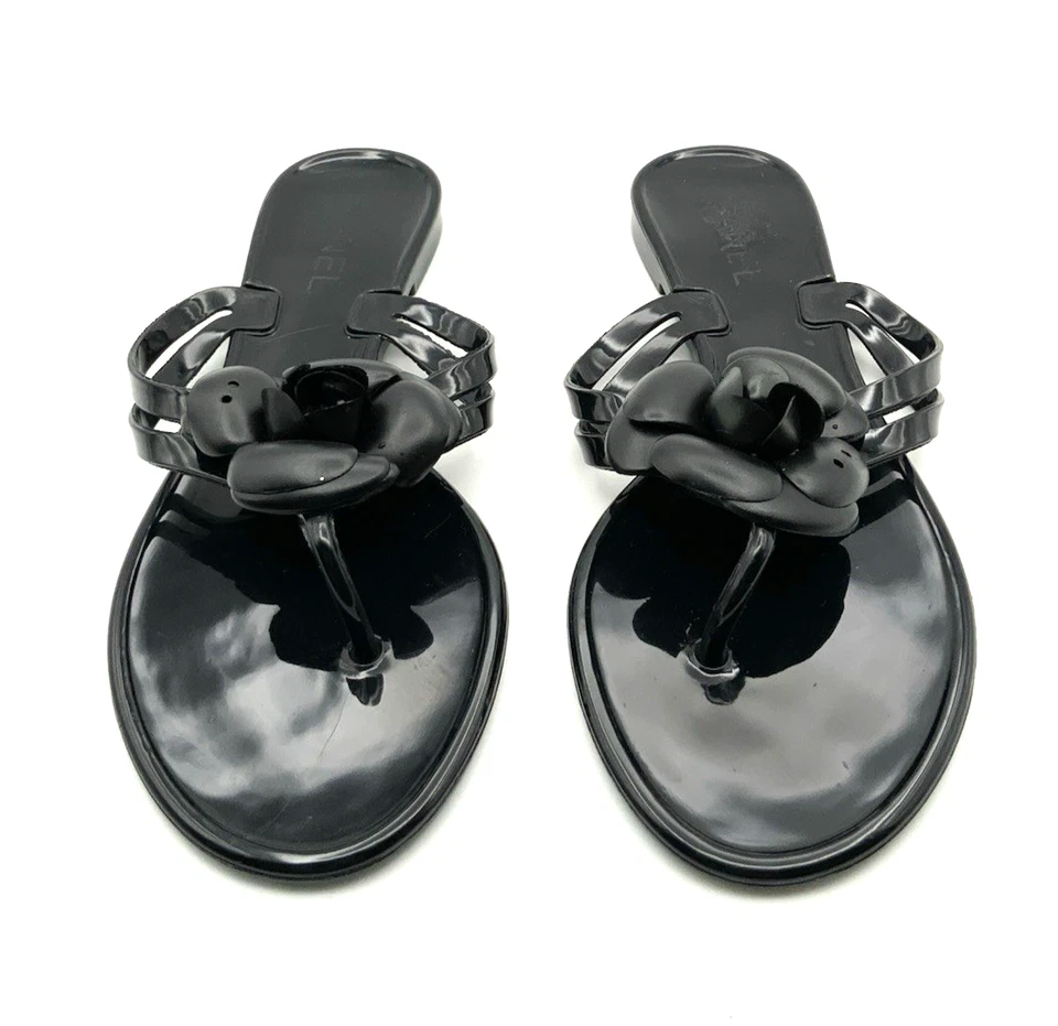 Sandalias chanclas negras Chanel camelia CC jalea tanga flor 38 EU/7,5 EE. UU. Foto 2 de 4
