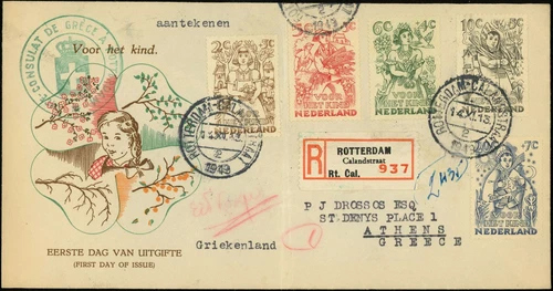 Netherlands #B203-B207 Child Welfare FDC 1949 Rotterdam Greece Registered Cover