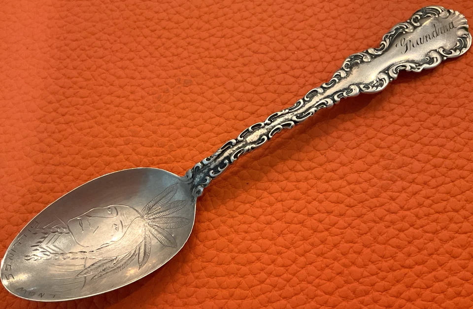 Индийские перья косы Billings Montana сувенирная ложка Whiting Louis XV - Изображение 2 из 4