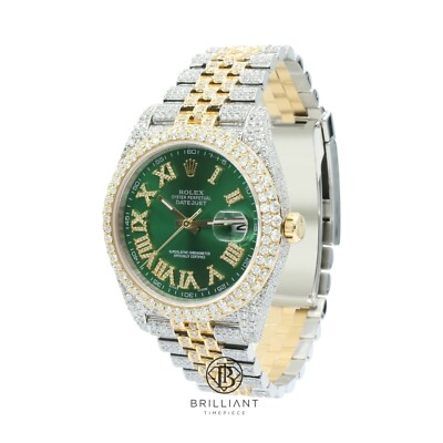 Rolex Datejust II 41mm 126303 Green Roman Dial Iced Out Watch 25.5 CT