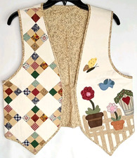 Vintage 1980s Handmade Vest Quilted Patchwork Applique Garden Scene Butterfly