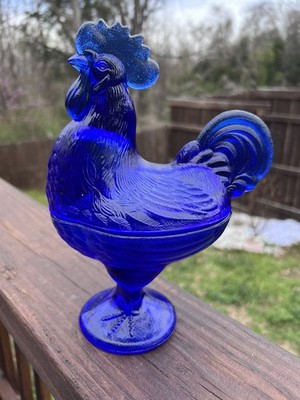 Cobalt Blue Glass Rooster Covered Candy Dish Farmhouse Decor RARE -SEE PICS 