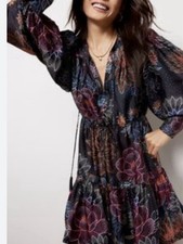 NWT Farm Rio Women Size SSparkle Flower Mini Dress BlackMulticolor Long Sleeve