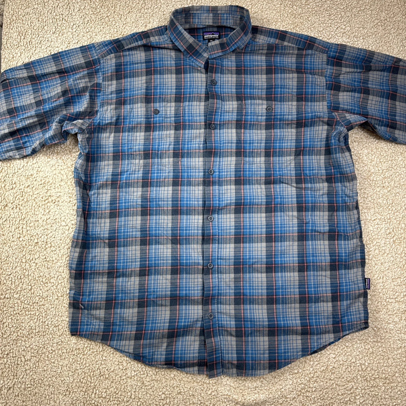 Patagonia Shirt Mens 2XL Blue Plaid L/S Button Organic Cotton Pocket Outdoors