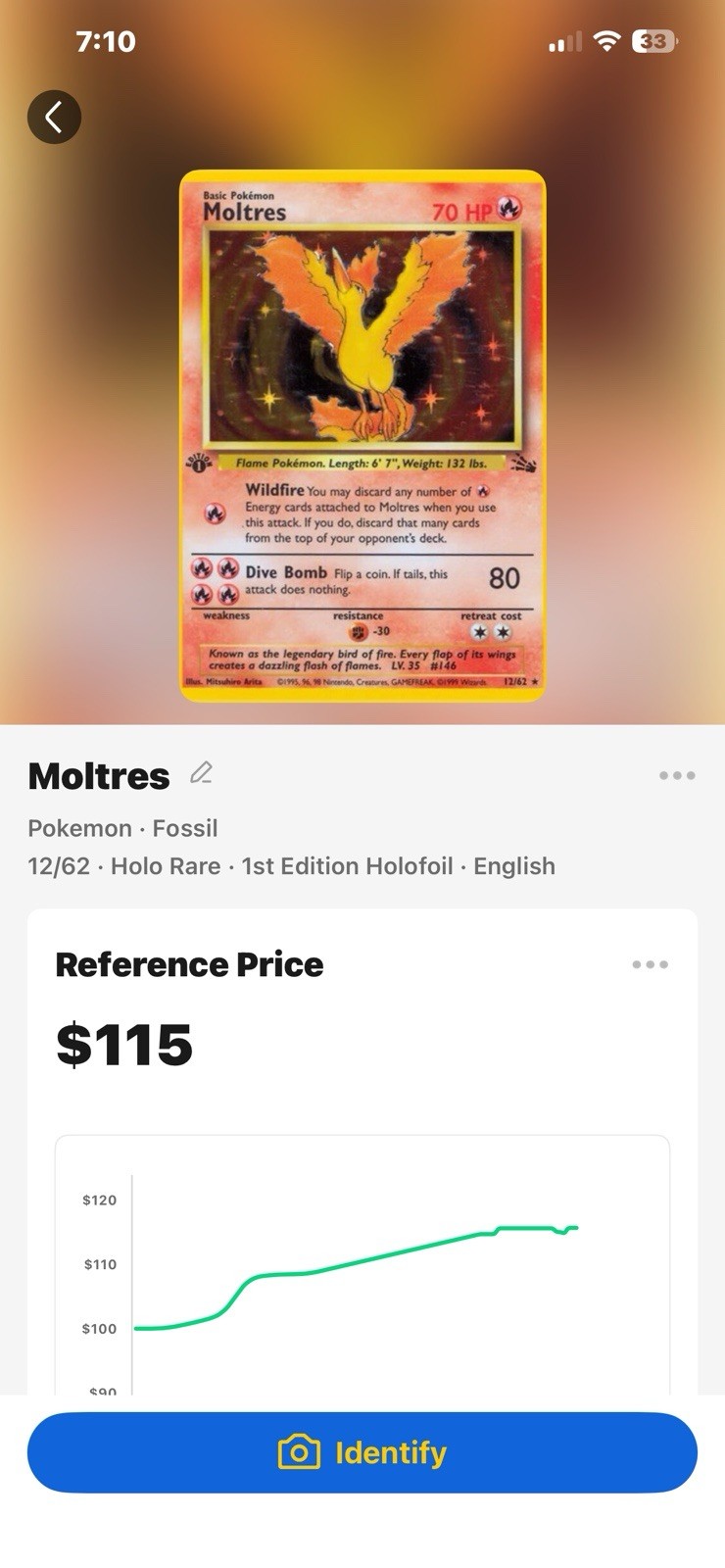 Pokémon TCG Moltres Fossil Holo Card 12/62 1999 Lightly Played