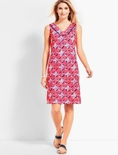 NEW Talbots Whimsical Waves Cotton V-Neck Pull-On Pink Printed Shift Dress
