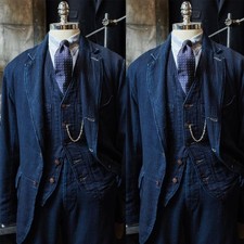 Vintage Denim Blue Men Suits Casual Outdoor Wedding Party Tuxedos Coat Pant Vest