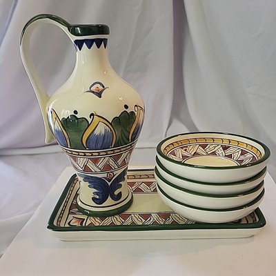 Deruta Hand Painted oil dipping set with 4 bowl, bread plate and oil pitcher