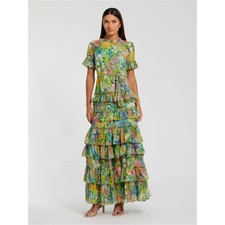 Mac Duggal 8112 Green Ruffle Tiered Chiffon Floral Dress Size 4P NWT