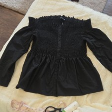PrettyLittleThing Plus 2X Black Smocked Off-Shoulder Tunic Blouse Long Sleeve