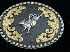 Western Belt Buckle, Nocona, Black, Gold  Silver with Floral, Bull Rider Motif