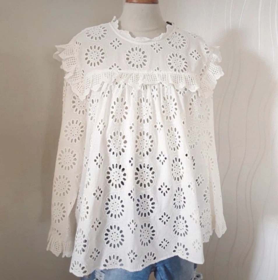 Zara chemisier tunique blanc dentelle à volants manches courtes col rond XL - Photo 1/1