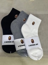 A Bathing Ape BAPE Head Logo Crew Socks 3-Pack Black Gray White Embroidered NWT