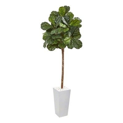 Nearly Natural 75'' Fiddle Leaf Fig Artificial Tree in White Planter in Green