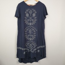 White Stuff Dress Womens UK 16 Navy Blue Embroidered Dipped Hem Boho Midi Casual