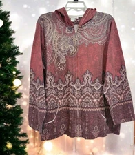 CJ Banks Boho Paisley Hoodie Jacket Size 2X Earthy Wine Red Zip Studded Pockets