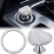 2 Pcs Bling Push to Start Button Cover Rhinestone Car Engine Start Silver