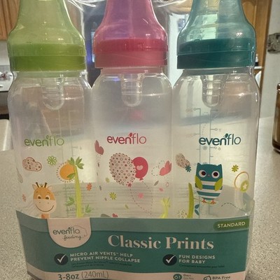 Evenflo Classic Prints Baby Bottles 8oz 3 Pack Brand New