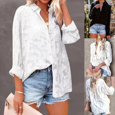 Übergröße Damen Jacquard Bluse Hemd Oberteile Transparent Langarm Shirt Tunika