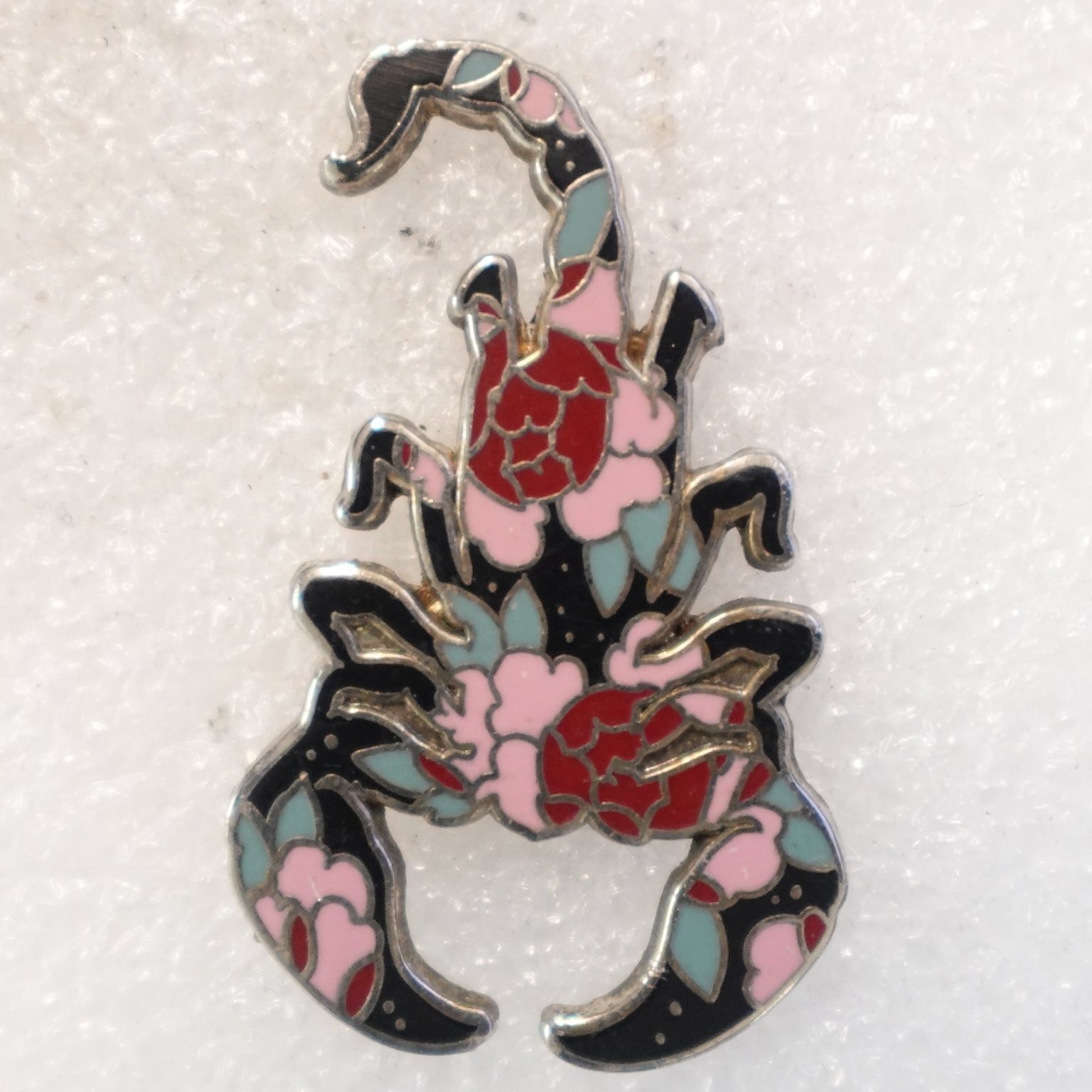 Floral Pattern Scorpion Pinback Button Metal Enamel Unique Design