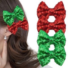 4 Pcs Christmas Sequin Hair Glitter Bows Clips Hair Red Green