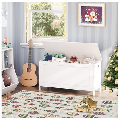 Retro Toy Chest Organizer, White Storage Bench, Safety Hinge
