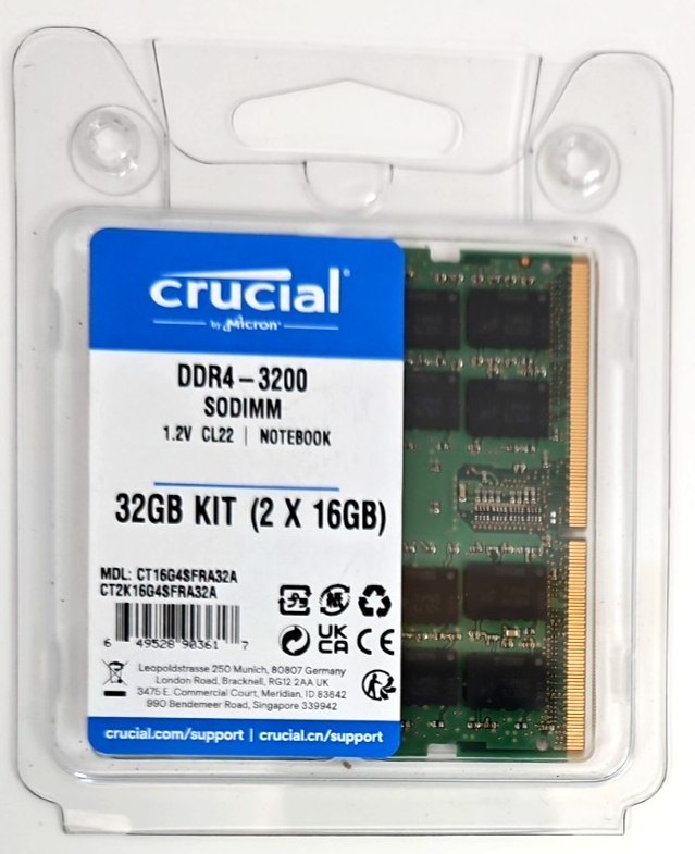 Crucial 32GB (2x16GB) 3200MHz 260-pin SODIMM DDR4 RAM Memory Kit